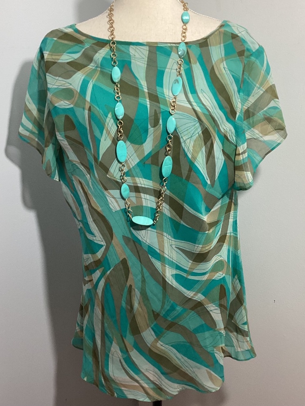 Woman Plus 1X  - XL Blouse Tunic 100% Silk Chiffon Short Sleeve Green Brown